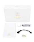 Silver WAND mini pleasure product with packaging on a white background