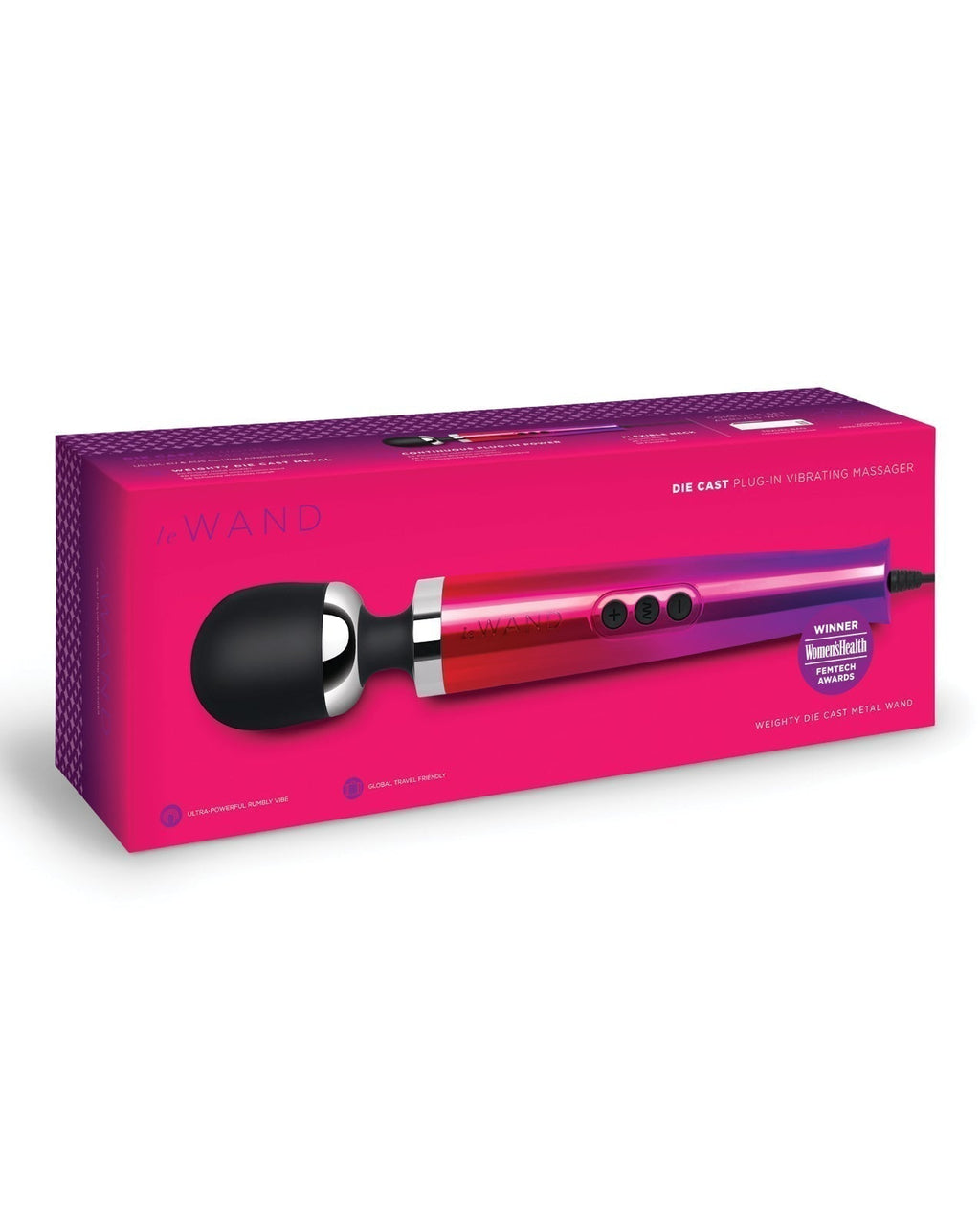 Pink packaging of a hair styling tool with a black and red design on a white background