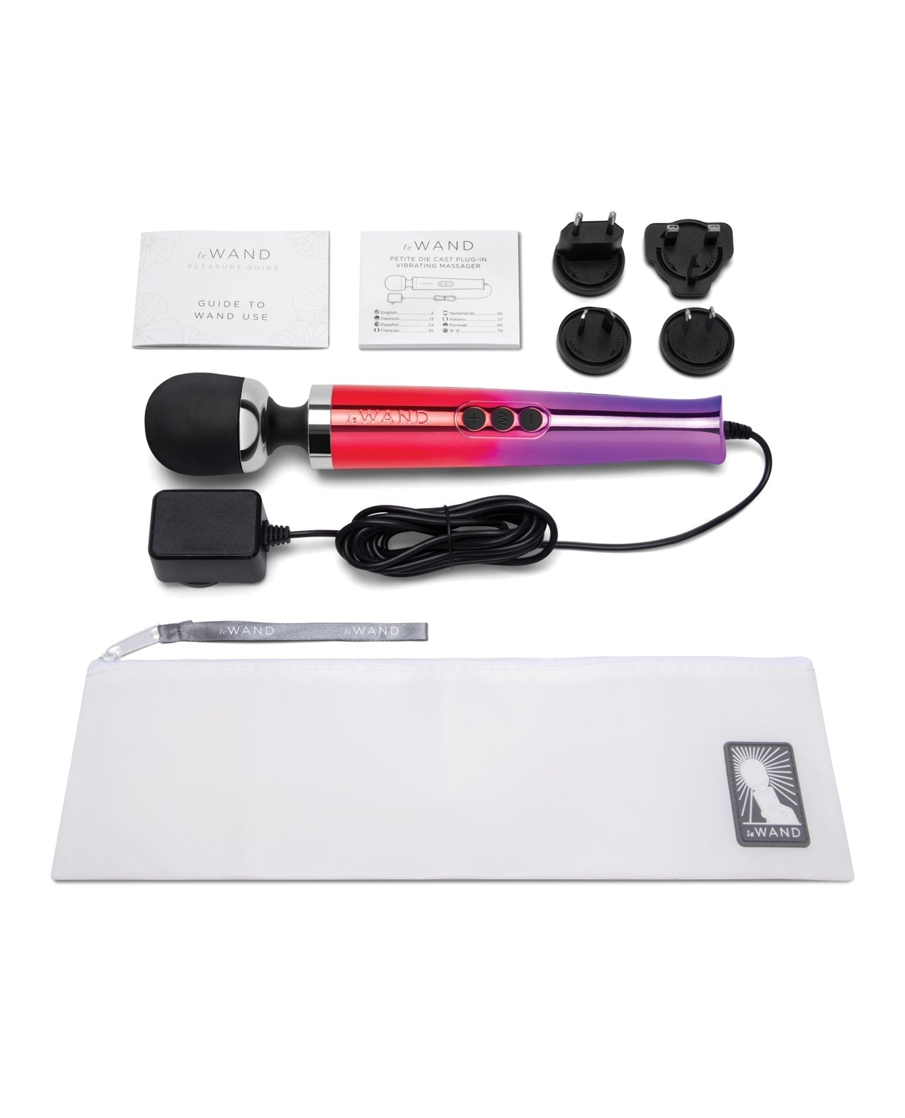 Massage wand with attachments and packaging on a white background