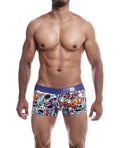 Man wearing colorful cartoon-themed underwear with a white background