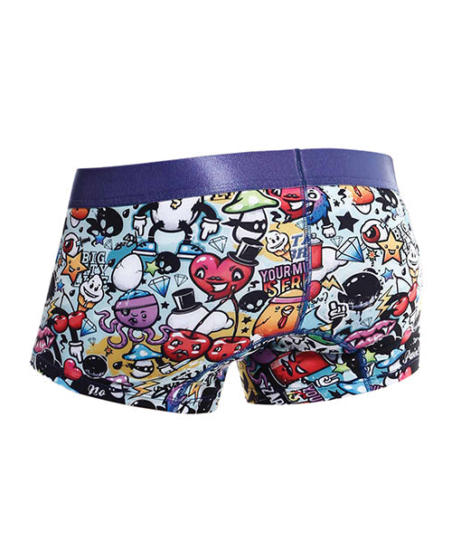 Colorful cartoon-patterned boxer briefs on a white background