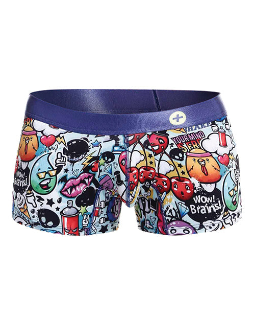 Colorful cartoon-patterned boxer briefs with a blue waistband on a white background
