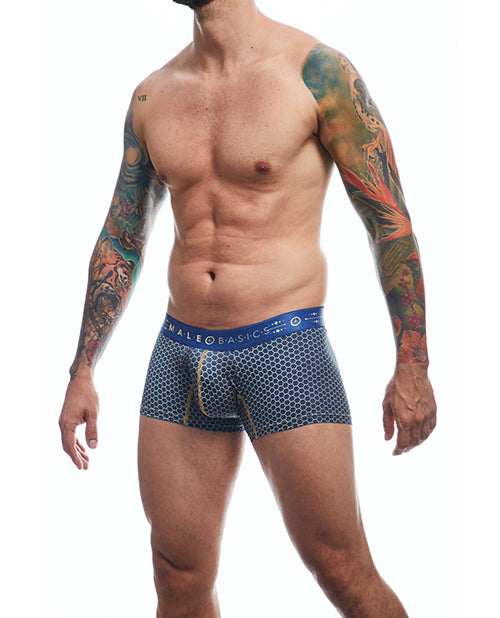 Man wearing patterned underwear with a visible brand logo on a white background