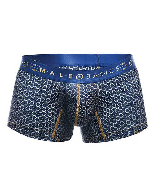 Blue boxer briefs with a geometric pattern on a white background