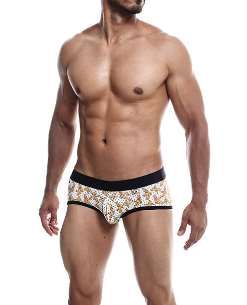 Man wearing a patterned underwear on a white background