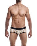 Man wearing a patterned underwear on a white background