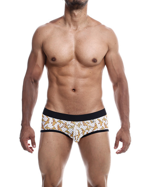 Man wearing a patterned underwear on a white background