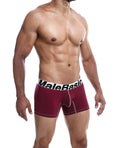 Man wearing maroon underwear with 'MaleBasic' label on a white background