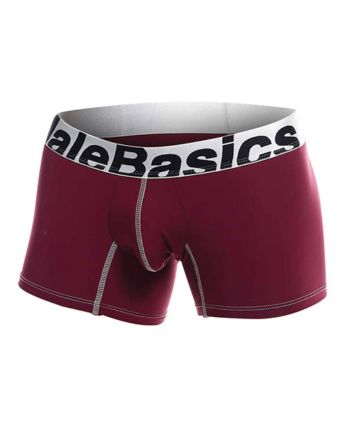 Maroon boxer briefs with a white waistband featuring 'Bale Basics' branding on a white background.
