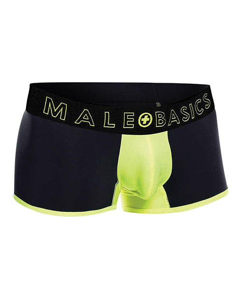 Black and neon green boxer briefs with 'Male Basics' waistband on a white background