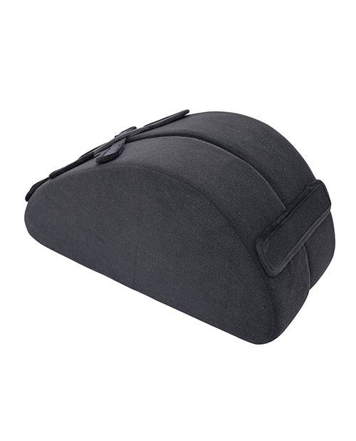 Black toiletry bag with a strap on a white background