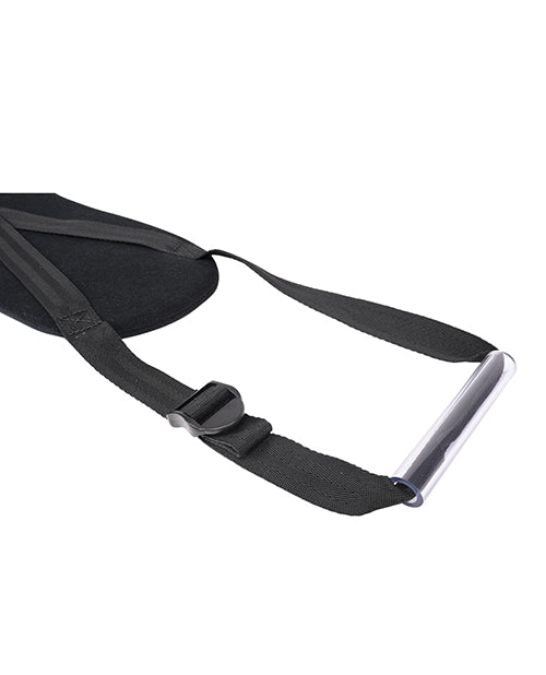Black strap with a metal clip on a white background