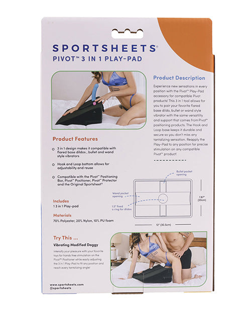 Package of Sportsheets Pivot 3-in-1 Play Pad with product description and usage images.