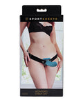 Package of SportSheets Montero Strap On with a model wearing black lace bra and garter belt.