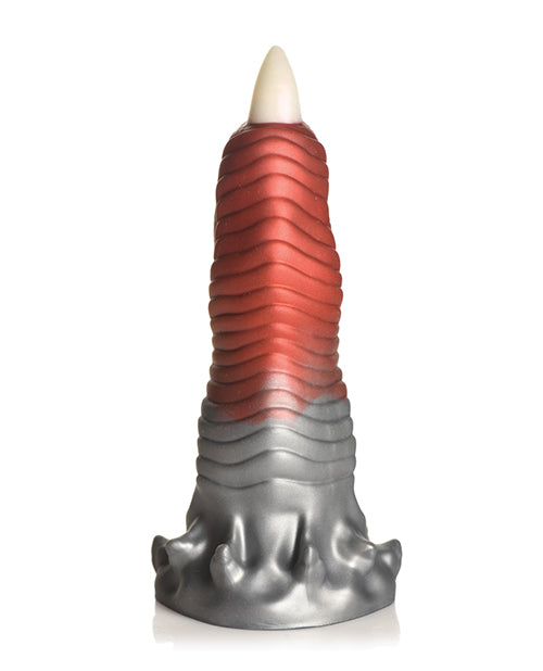 Decorative candle with red and silver design on a white background