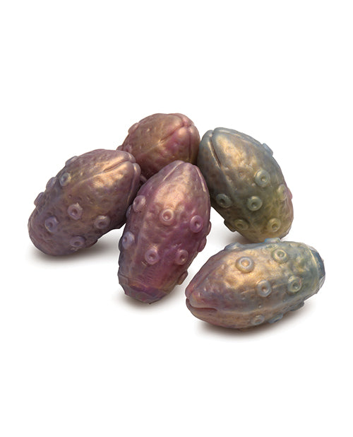 Five metallic, textured beads on a white background