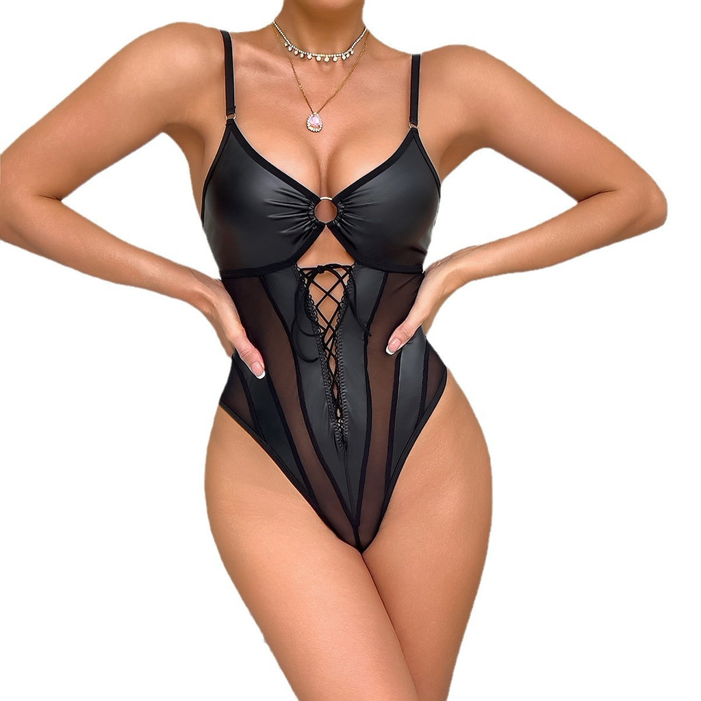 Sexy Sheer Bodysuit with Large Backless Hollow-out and Lace-up Design