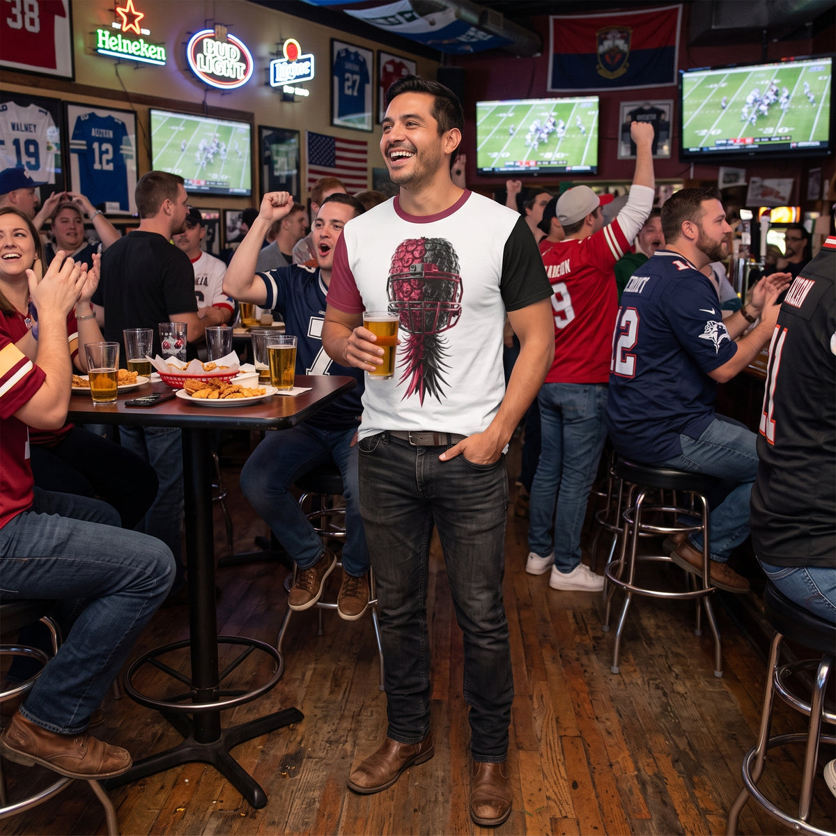 A man in a crowded bar wearing a white t-shirt with a graphic print of a skull inside a red heart, standing and smiling while holding a glass of beer. The bar is filled with other people, sports jerseys, and multiple television screens showing football games.