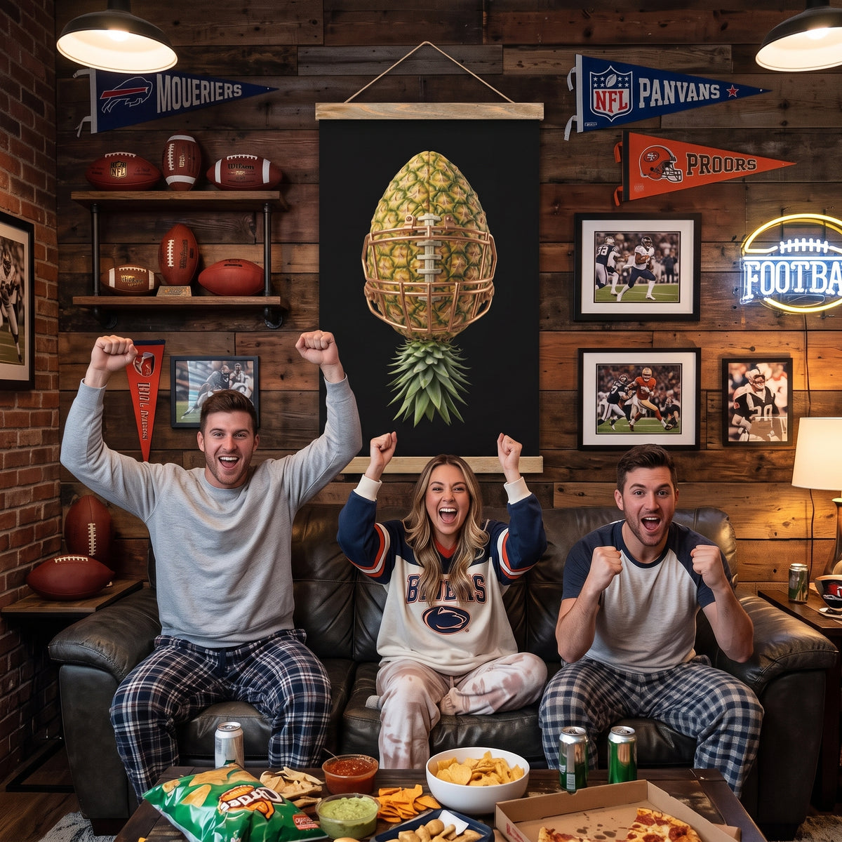 Two men and a woman sitting on a couch in a man cave celebrating a football game with an upside down pineapple football inspired framed painting in the background on the wall.