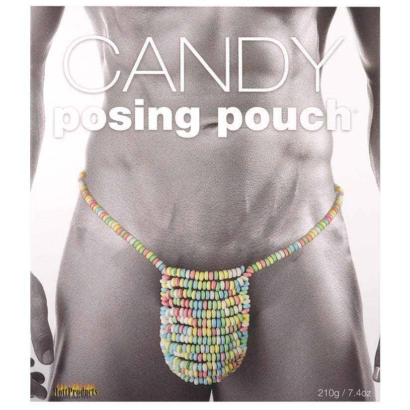 Colorful beaded posing pouch on a gray background with 'CANDY posing pouch' text.