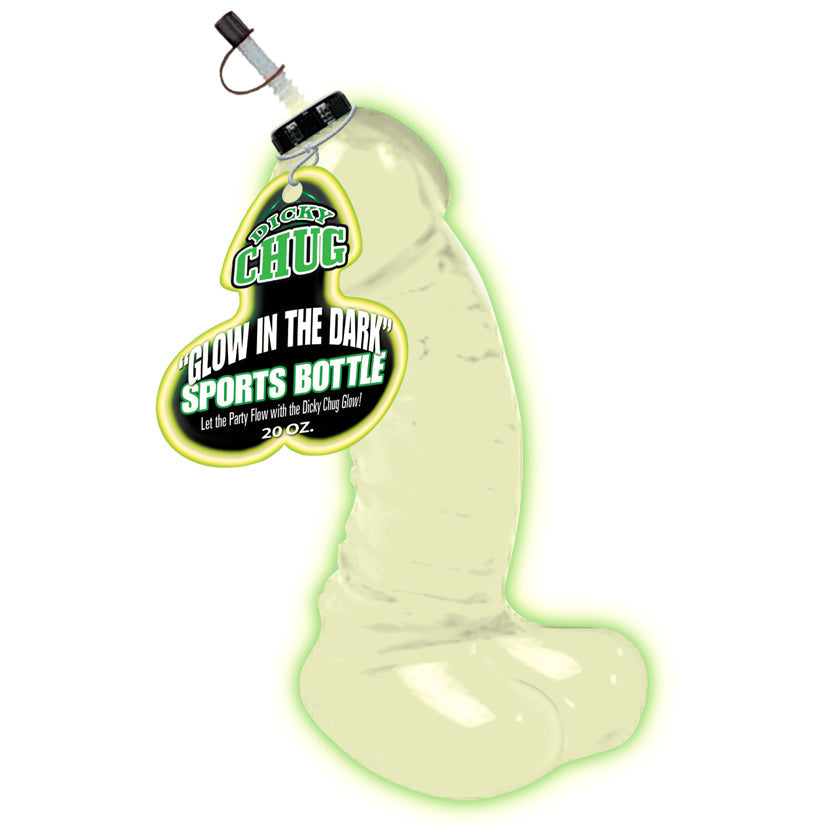 Glow-in-the-dark sports bottle with label on a white background