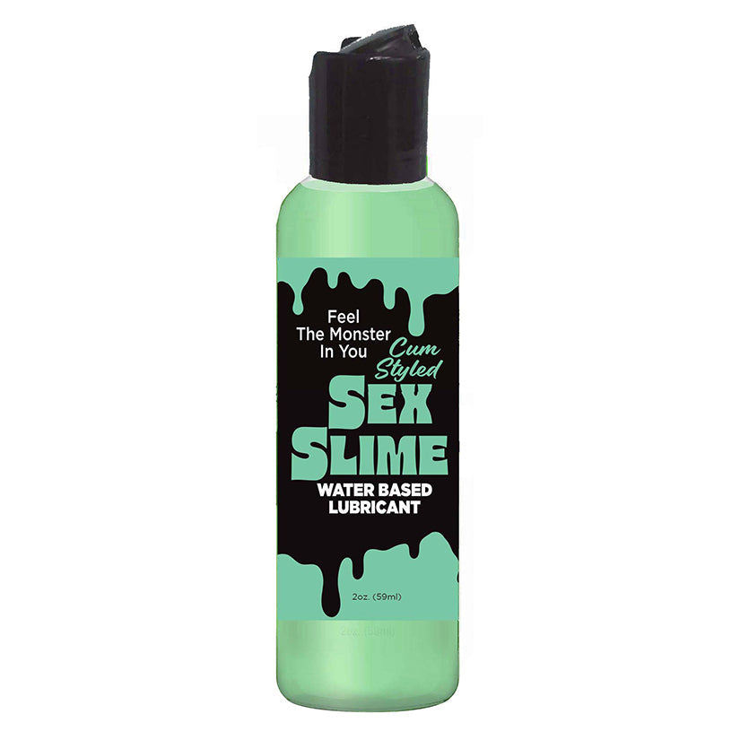 Bottle of Sex Slime water-based lubricant with green and black design on a white background