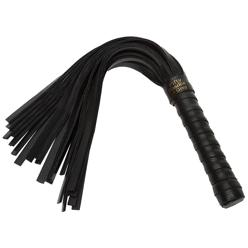 Black leather flogger with a handle on a white background