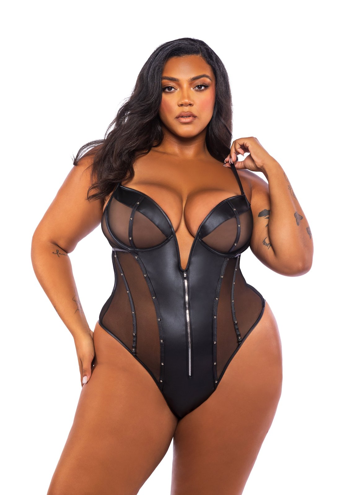 Model wearing a black mesh bodysuit on a white background
