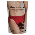 Product packaging for 'strap-on-me' unique harness with a model wearing red underwear.