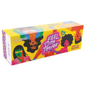 Colorful box with 'Feel my Power' branding and illustrations of people with stylized hair on a white background.