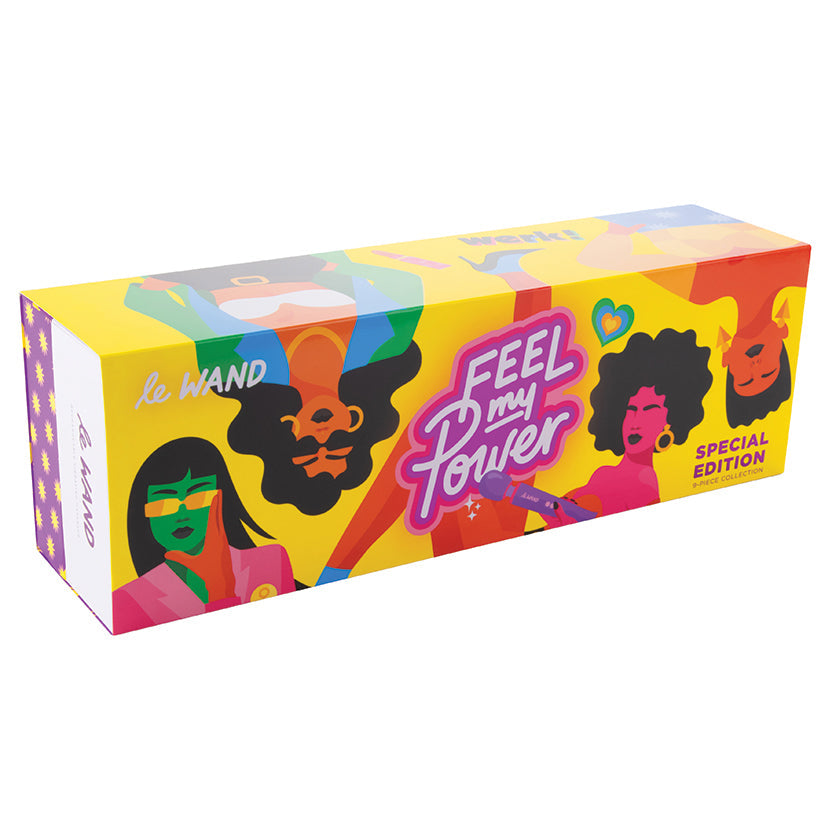 Colorful box with 'Feel my Power' branding and illustrations of people with stylized hair on a white background.