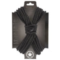 Black rope tied in a knot with packaging displaying brand logo on a white background