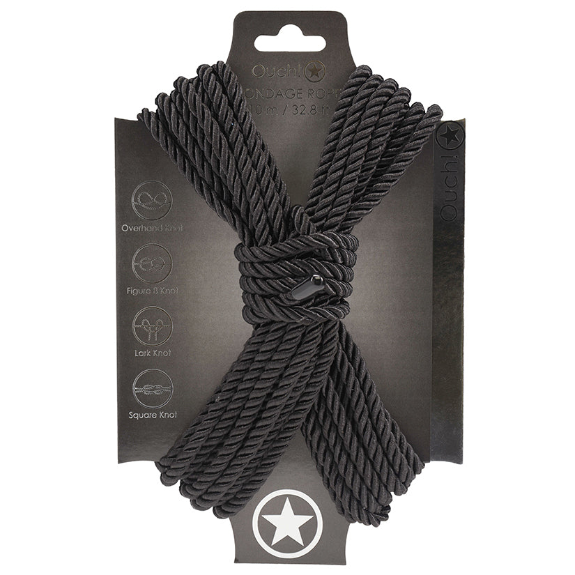 Black rope tied in a knot with packaging displaying brand logo on a white background