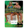 Packaging of Erotic Dice with a man and woman in swimwear, featuring text 'Glow in the Dark' and 'Roll the Dice and Get Lucky!'.