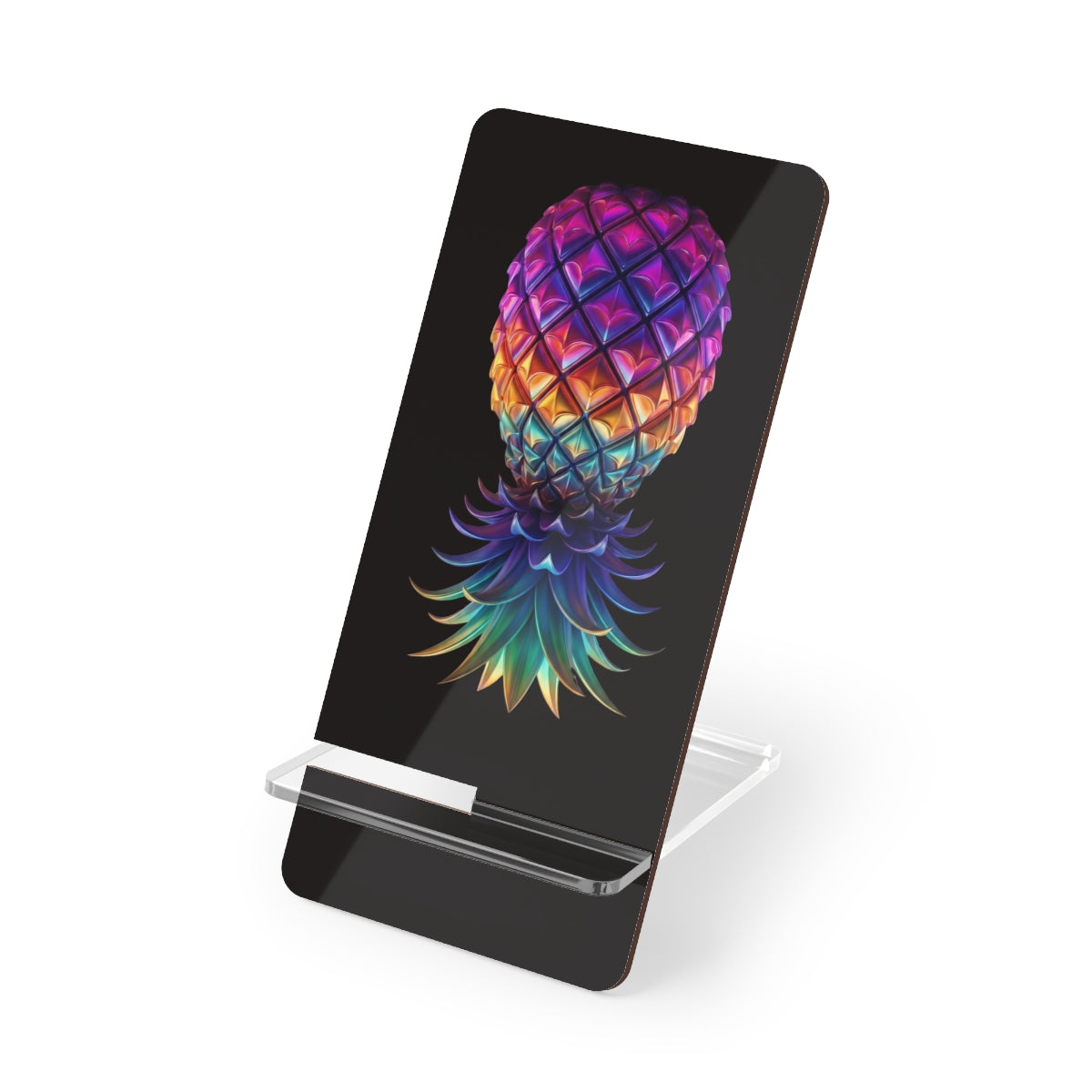 Colorful upside-down pineapple phone stand with a black background.