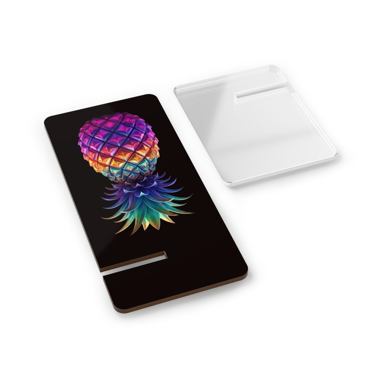 Colorful upside-down pineapple phone stand with a black background.
