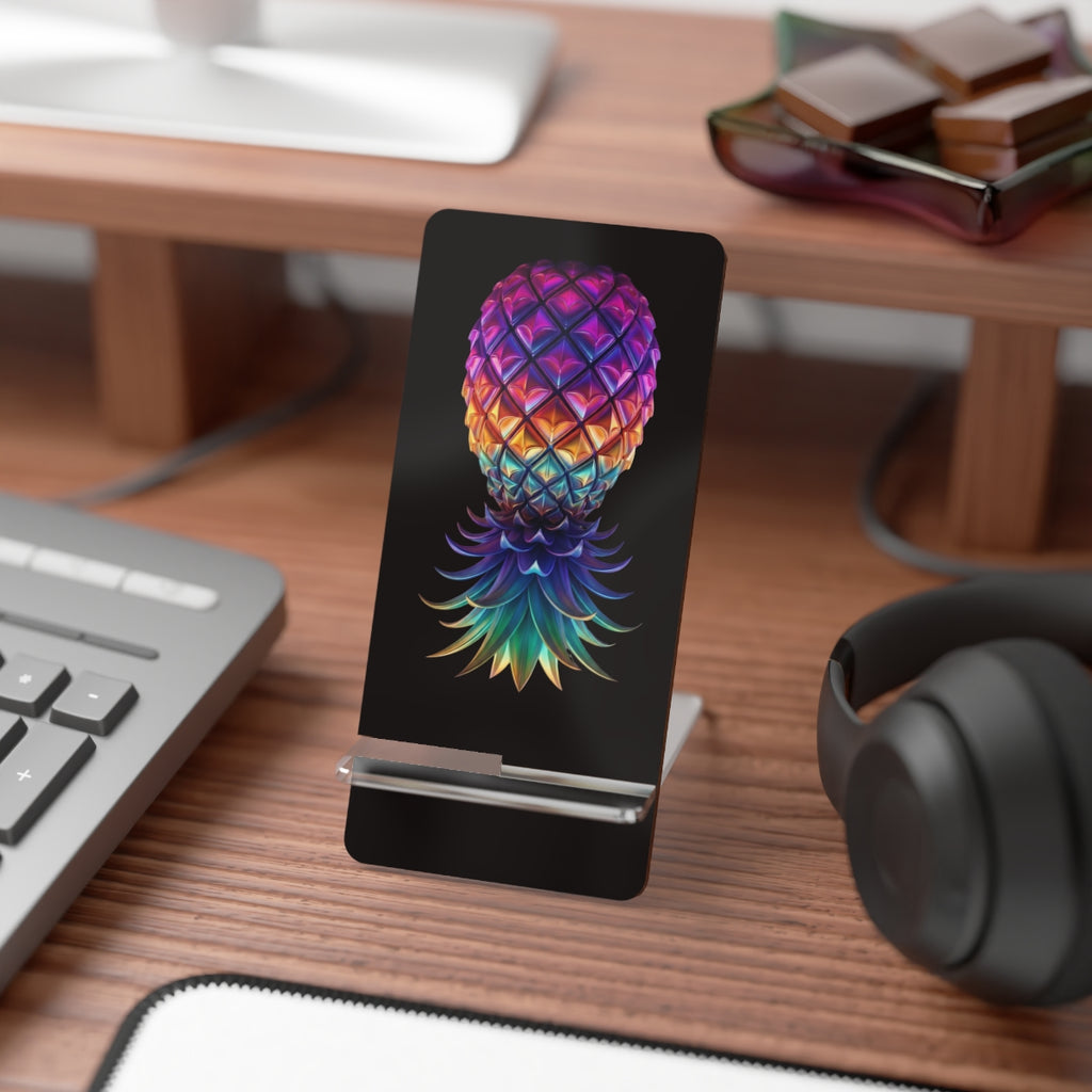Colorful pineapple smartphone stand with jewel-toned artwork and layered leaves on a glossy black front.