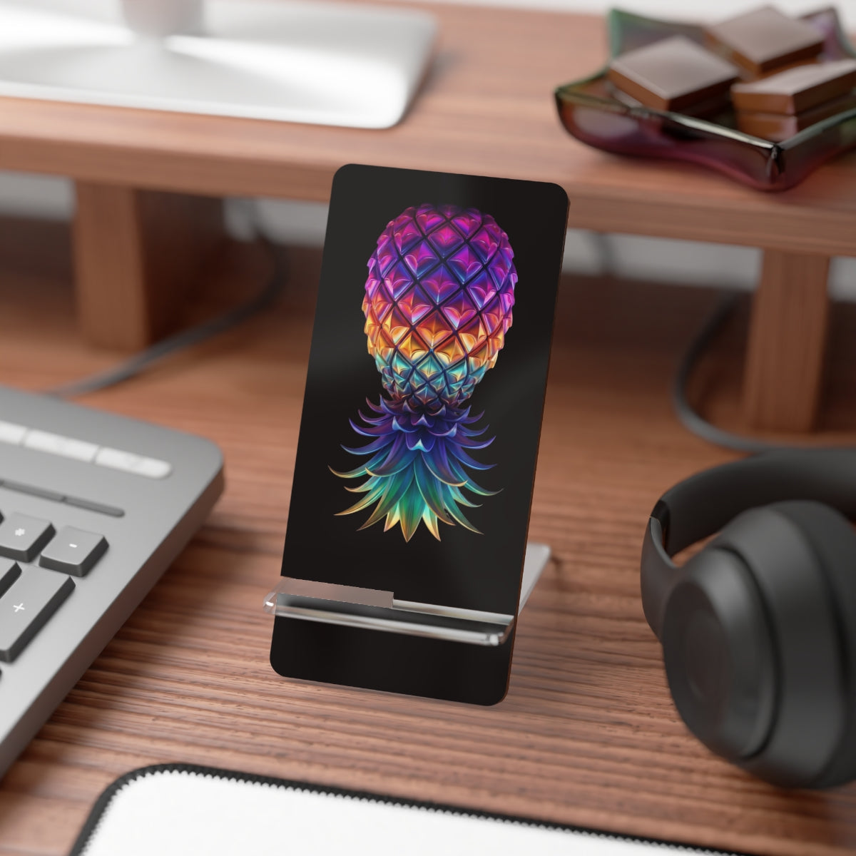 Colorful pineapple smartphone stand with jewel-toned artwork and layered leaves on a glossy black front.