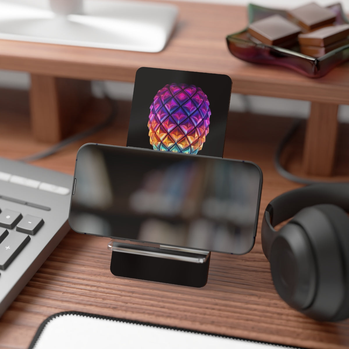 Colorful upside-down pineapple phone stand with a black background.