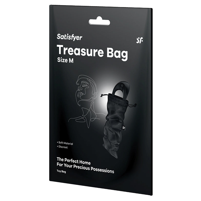 Black packaging of Satisfyer Treasure Bag Size M with product illustration on a white background