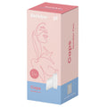 Satisfyer product packaging with a stylized woman's silhouette on a pink and blue background
