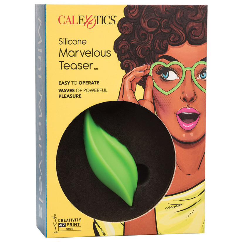 Product packaging for a silicone marvelous teaser with a colorful illustration of a woman on the box.