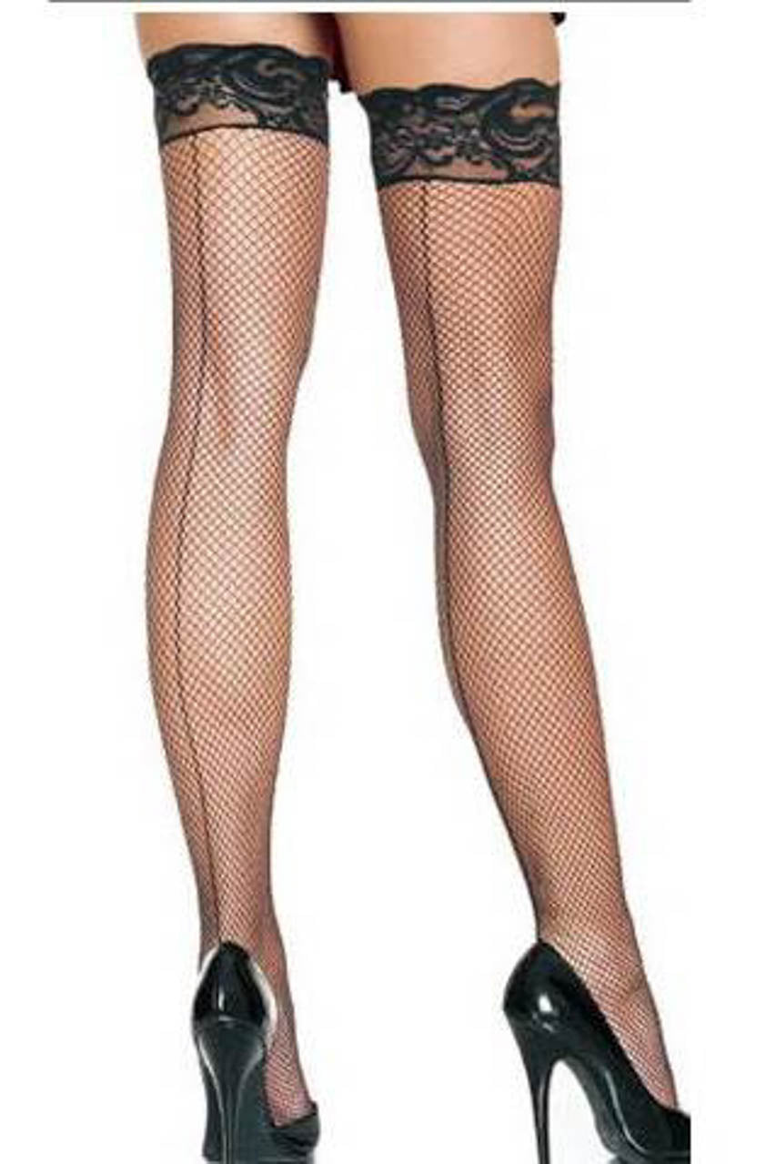 Black lace fishnet stockings worn with black high heels on a white background. Perfect for a casual swinger party evening.