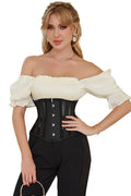 Woman wearing a black corset with a white off-shoulder top on a white background