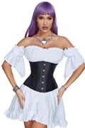 Woman wearing a white off-shoulder top and black corset with a white skirt on a white background