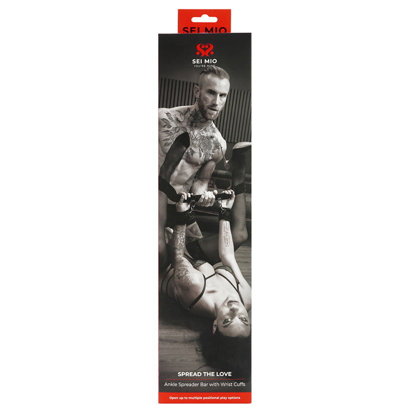 Product packaging for 'Spread the Love' product by SEI MIO with a black and white image of a man and woman.