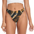 Woman wearing sexy camouflage thongs. Picture depicts a woman with a nice body and manicured finger nails standing wearing Wicked Lifestyles sexy camouflage thongs in gold, bronze and light brown.