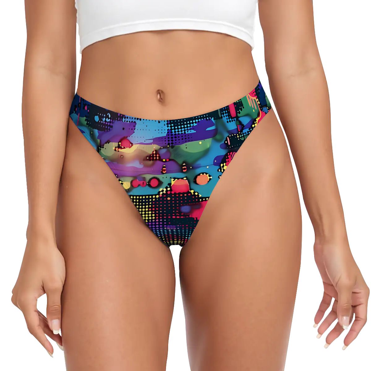 Woman standing wearing Wicked Lifestyles' Sexy Electric thongs. The woman has a very nice body and perfectly manicured nails. 