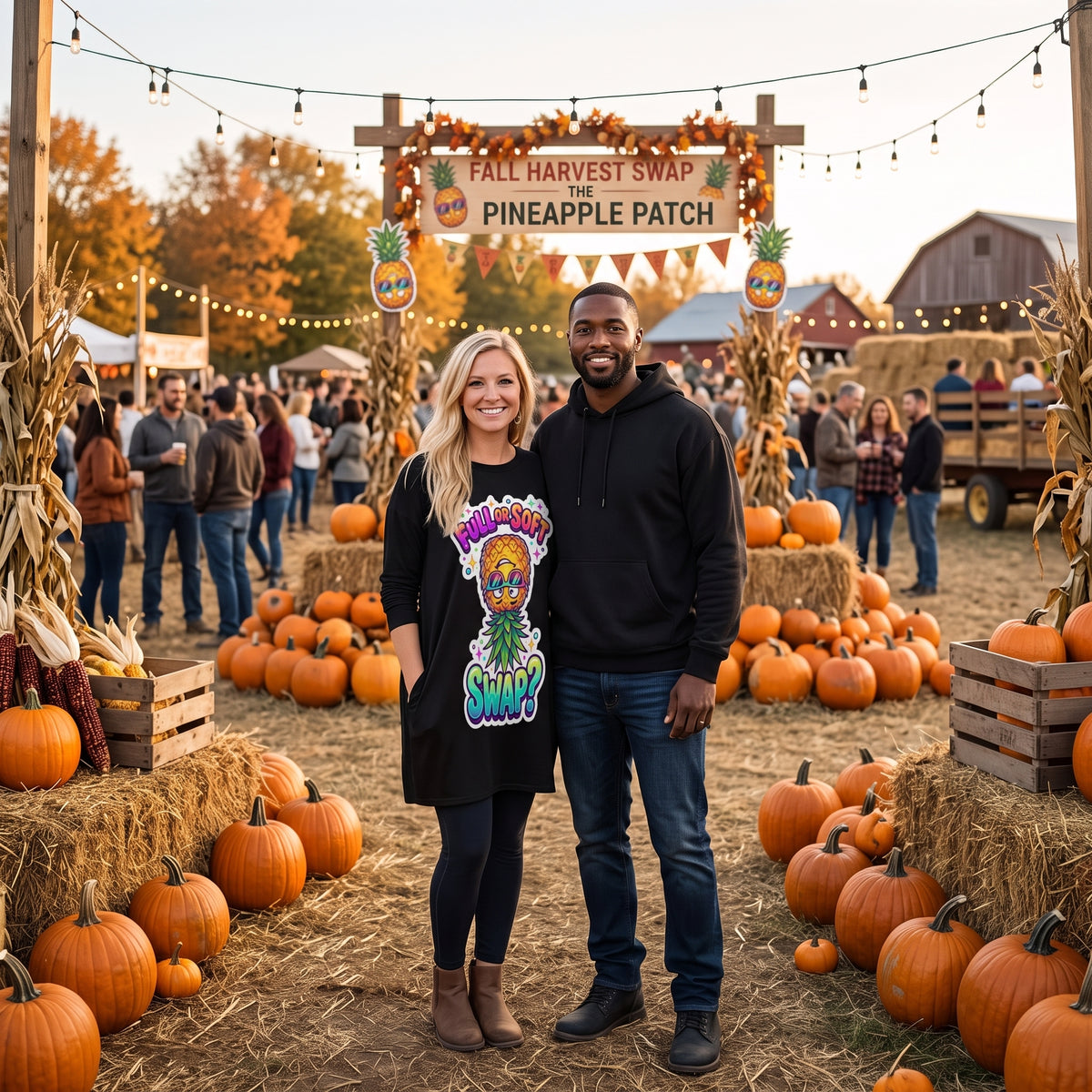 A smiling couple stands at an outdoor fall harvest swap market surrounded by pumpkins, hay bales, corn, and a wooden sign reading 'Fall Harvest Swap Pineapple Patch.' The woman wears a black dress with a colorful pineapple graphic, and the man wears a black hoodie and jeans.