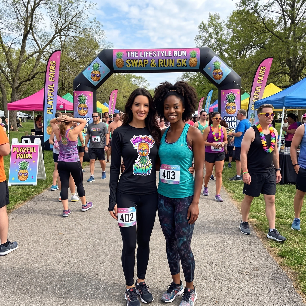 Two women getting ready for a Swinger Lifestyle 5k run with one woman wearing the Full or Soft Swap long sleeve shirt.